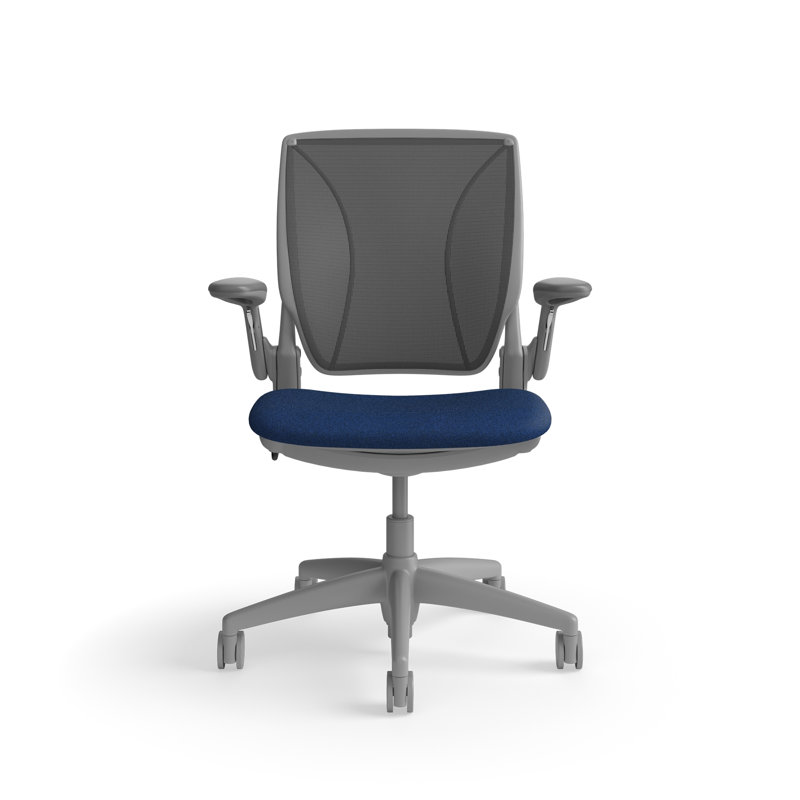 World LM, Ergonomic Task Chair with Poppy Seed Backrest, and  Autumn Upholstered Seat, Gray, Navy Blue Fabric, Dark Gray Mesh