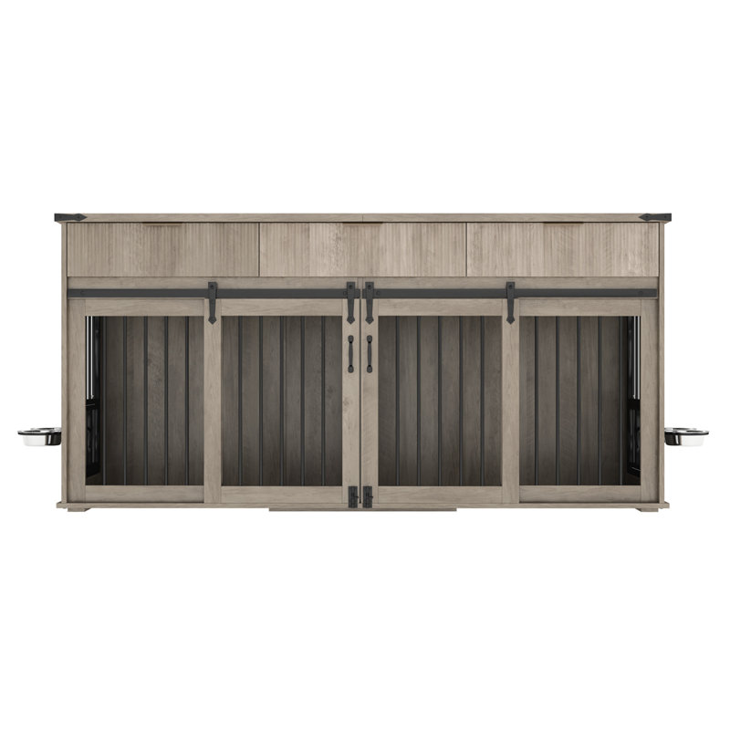 Cage double pour chien de style meuble avec 3 tiroirs, prise de courant de type C et distributeurs de nourriture rotatifs