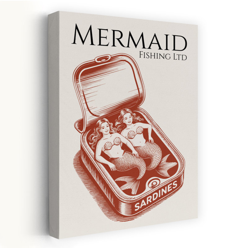 «Retro Mermaid Sardines», art lunatique rétro sur fond de poisson, H 60 po x l 40 po