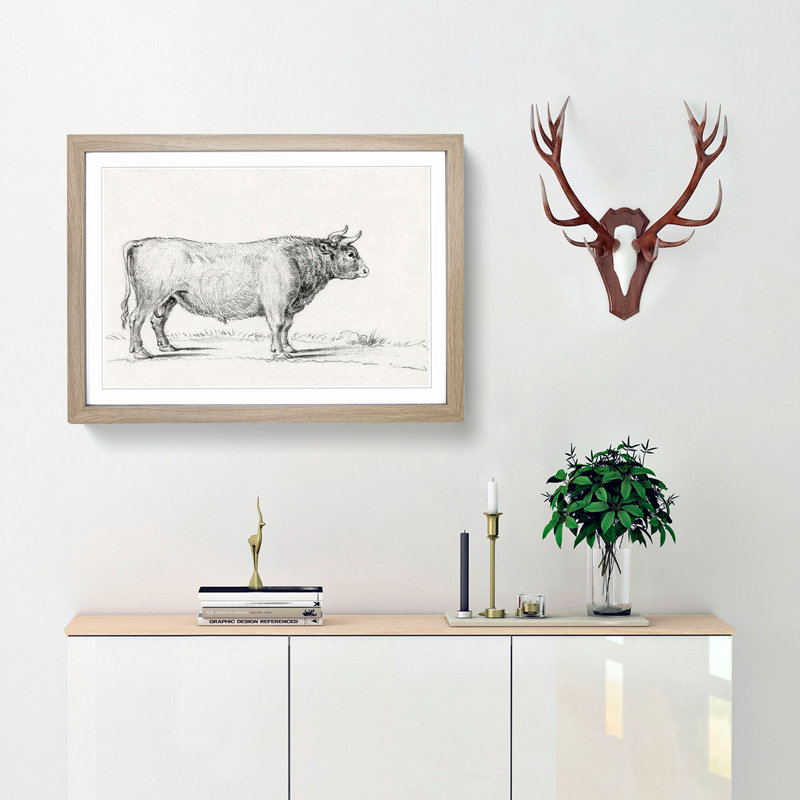 Standing Bull by Jean Bernard - Picture Frame Drawing Print, 36cm H x 48cm W x 2cm D, Oak Framed