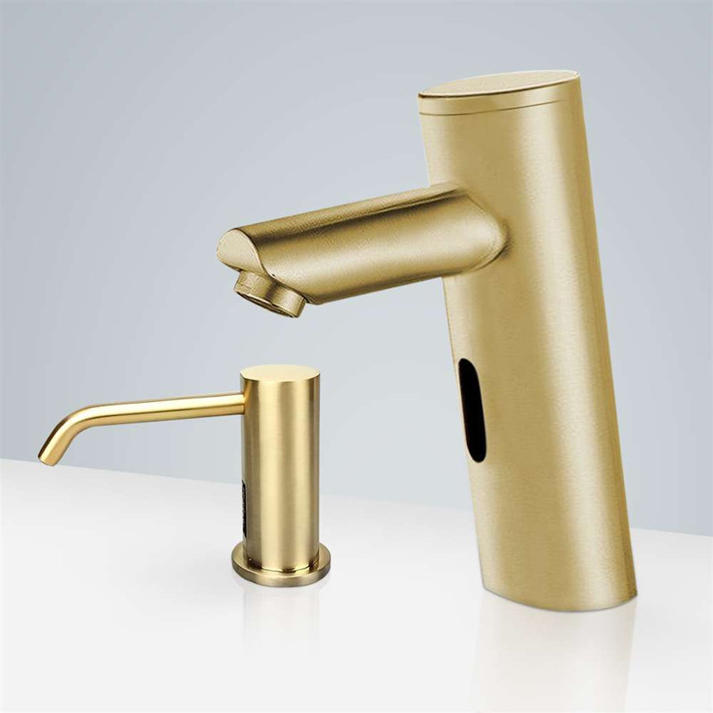 FontanaShowers Melun Brushed Gold Motion Sensor Faucet & Automatic Touchless Soap Dispenser Set