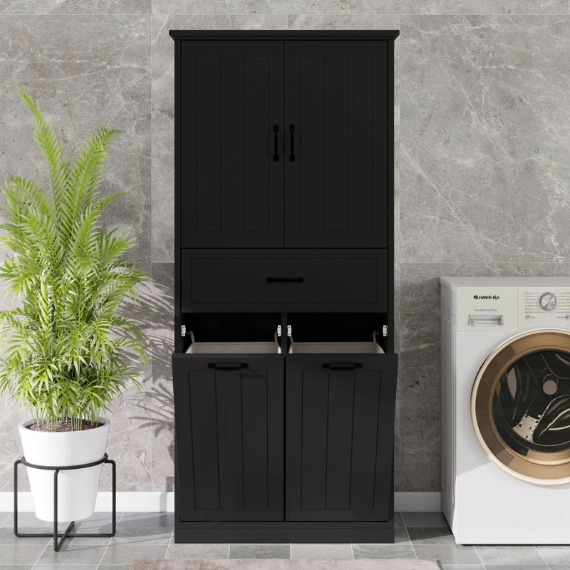 Grande armoire de rangement pour salle de bain avec portes et tiroir, armoire de rangement avec deux paniers à linge amovibles, tablette réglable