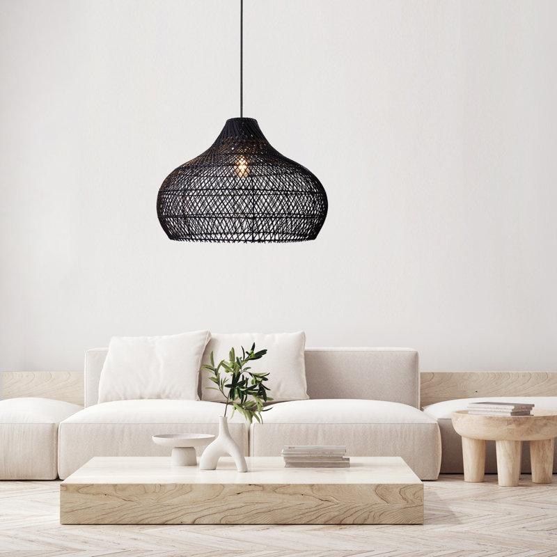 Latigo Rattan Pendant Light - Black Dome 1-Light Polished Handwoven Adjustable Light Fixture For Kitchen Island, Kitchen, Dining Room, Living Room, Bedroom, Hallway or Covered Patio in Modern, Farmhouse & Boho Style