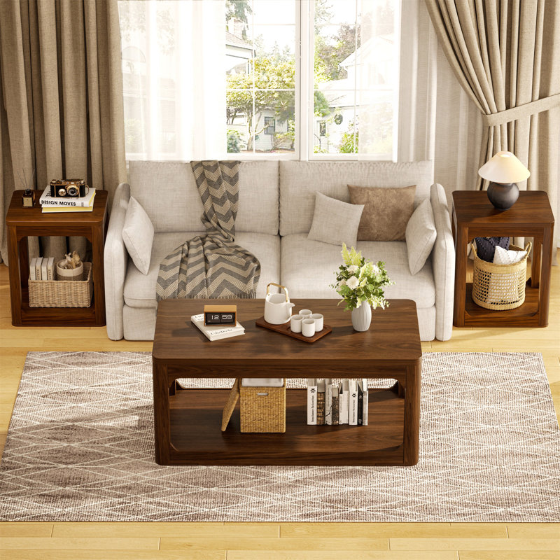 Ensemble de 3 tables basses de salon avec finition en noyer