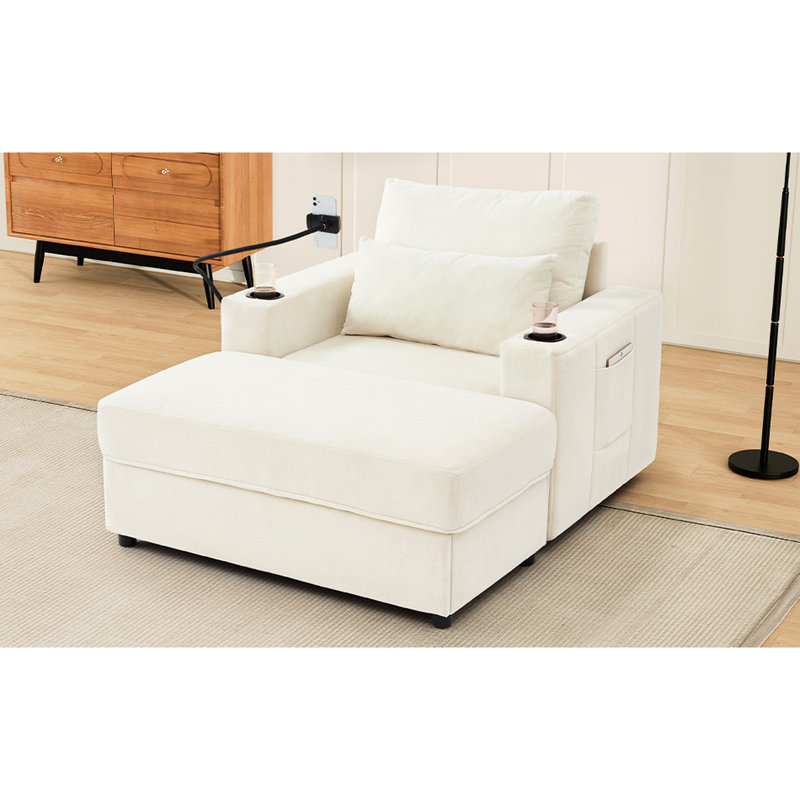Chaise beige avec rangement mobile, ports intégrés, support pour téléphone et poches latérales, canapé moderne facile à utiliser avec deux porte-gobelets