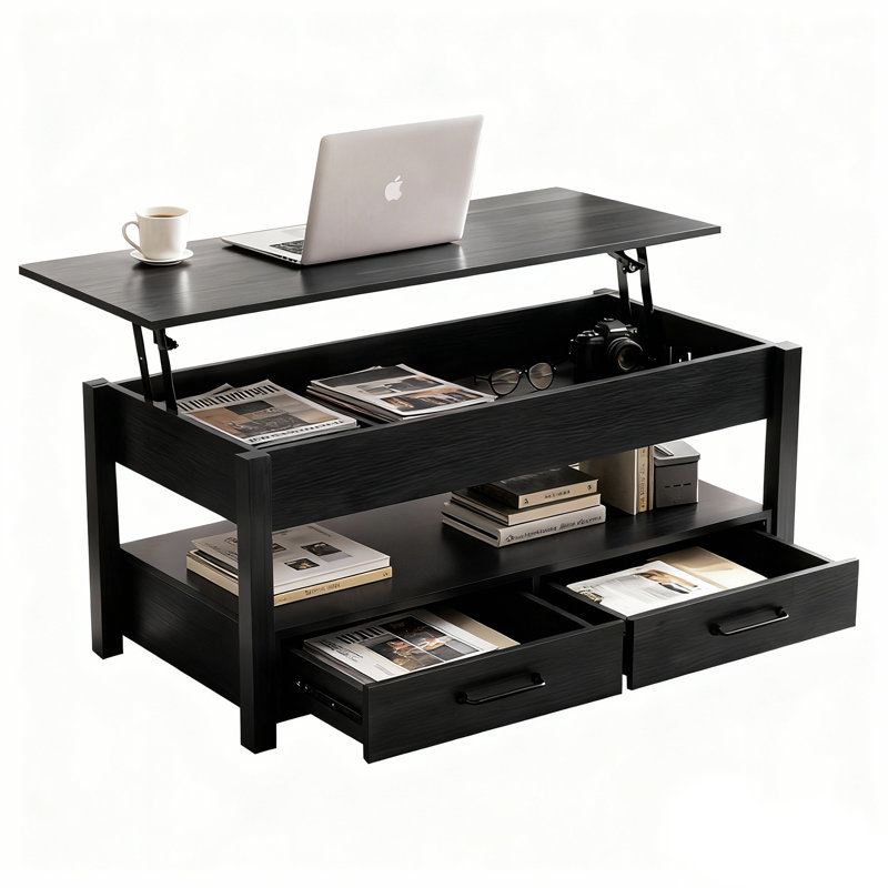 Lift Top Coffee Table with Drawers and Hidden Compartment, Black