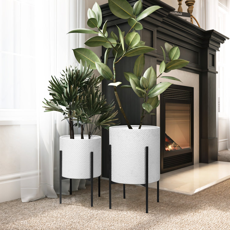 2 - Piece White Floral Round Metal Modern Pot Planter with Black Stand Set
