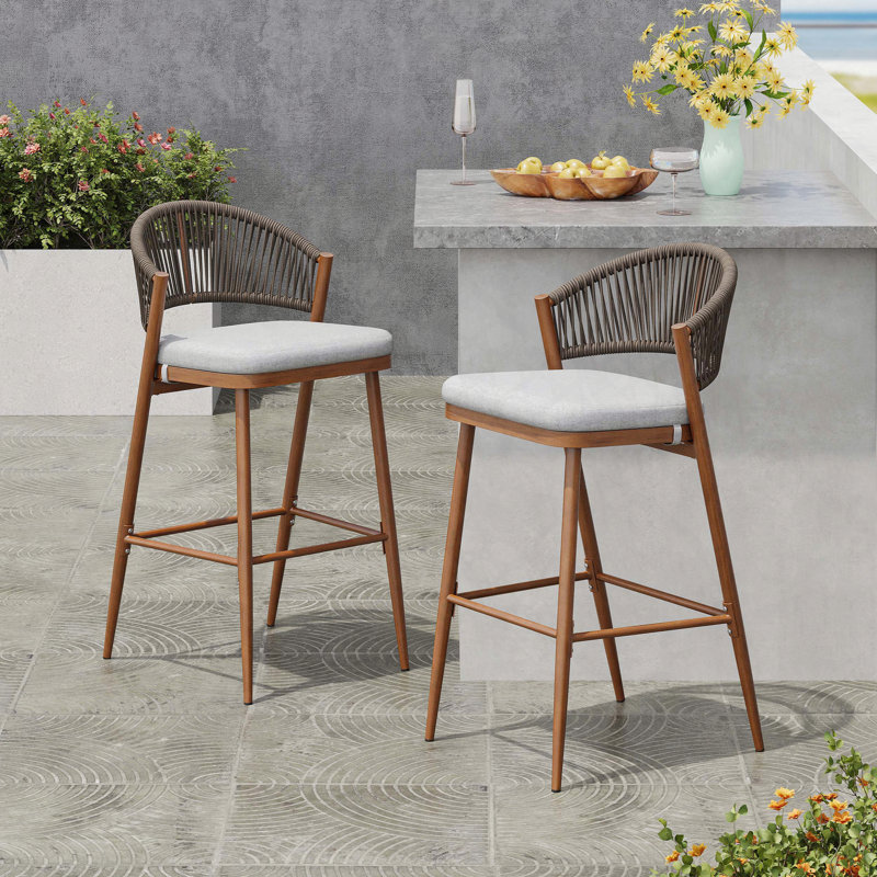 Aluminum Frame Barstools with Scallop Rattan Backrest – Set of 2, Teak Finish, Gray Cushion/Teak Frame