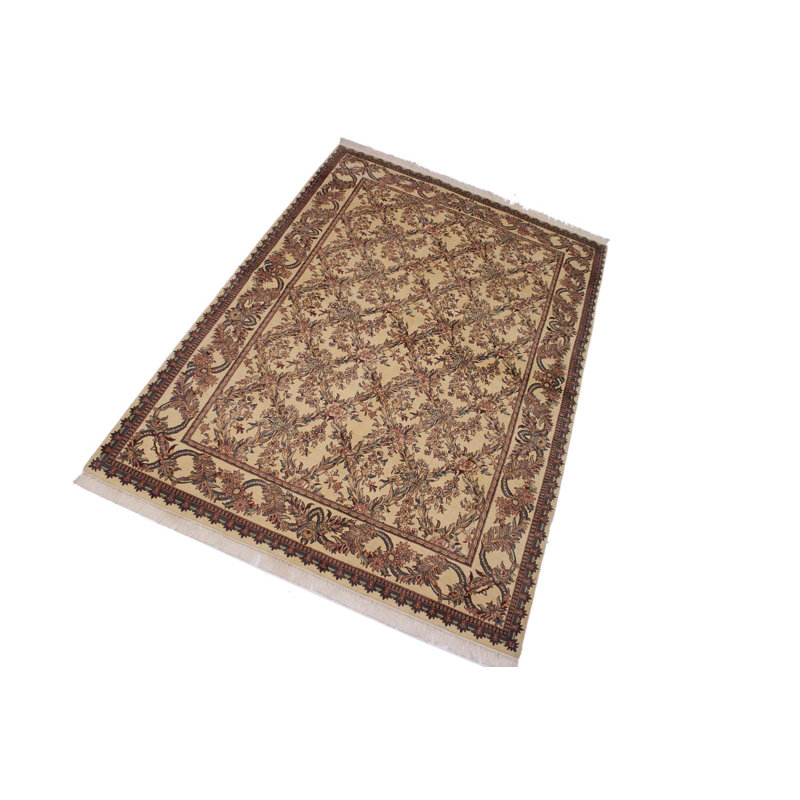 Tapis ivoire / brun en laine à motif floral fait à la main 6 pi 3 po x 9 pi 1 po Pante Macassar