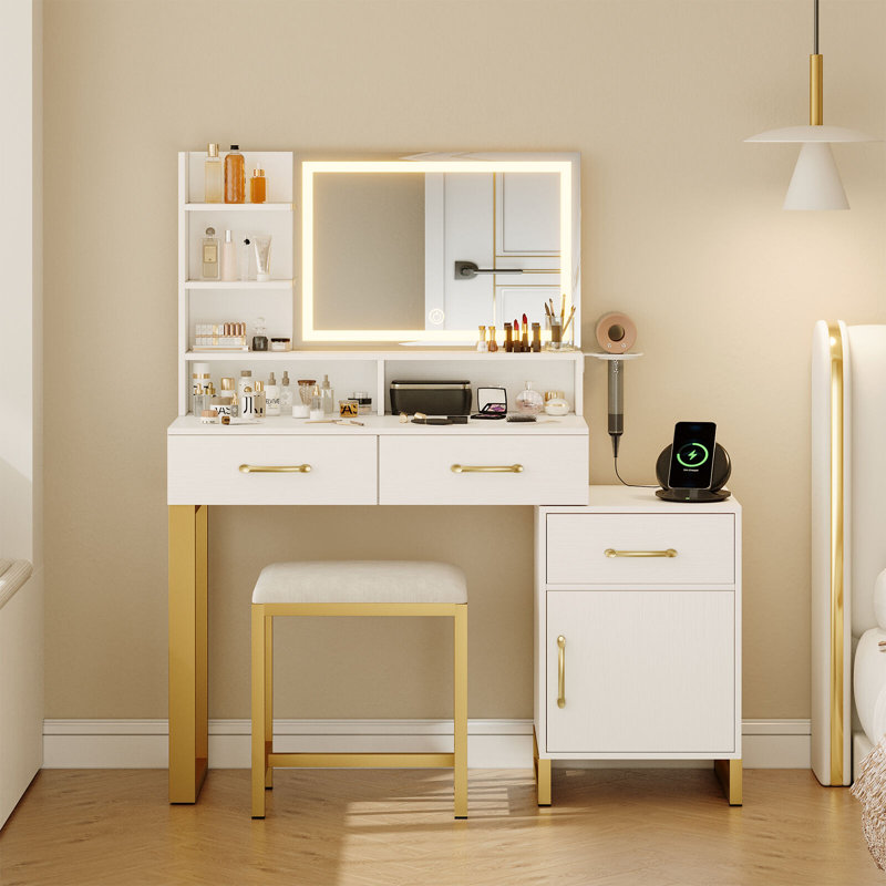Ensemble de coiffeuse lumineuse avec miroir 3 modes et prises intégrées, commode blanche et dorée pour la chambre à coucher ou le vestiaire