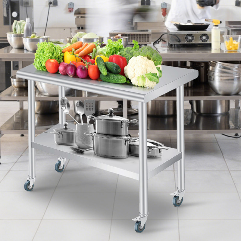 Table de préparation pour cuisine en acier inoxydable robuste, poste de travail utilitaire commercial avec dosseret réglable sous la tablette 4 roulettes pour le restaurant-barbecue de patio, 24 po x 48 po