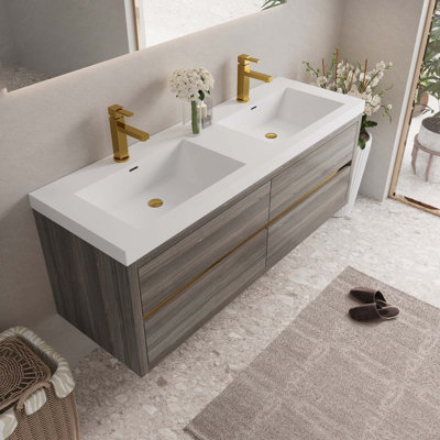 Meuble-lavabo mural avec lavabo, armoire de rangement flottante avec comptoir en résine de pierre et tiroirs à fermeture en douceur
