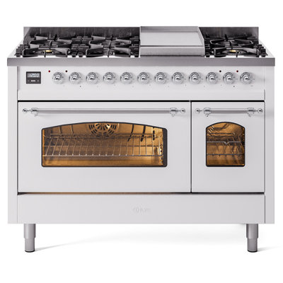 Cuisinière à double combustible de 48 po avec 8 brûleurs scellés et plaque chauffante (porte vitrée) ILVE Nostalgie II Series