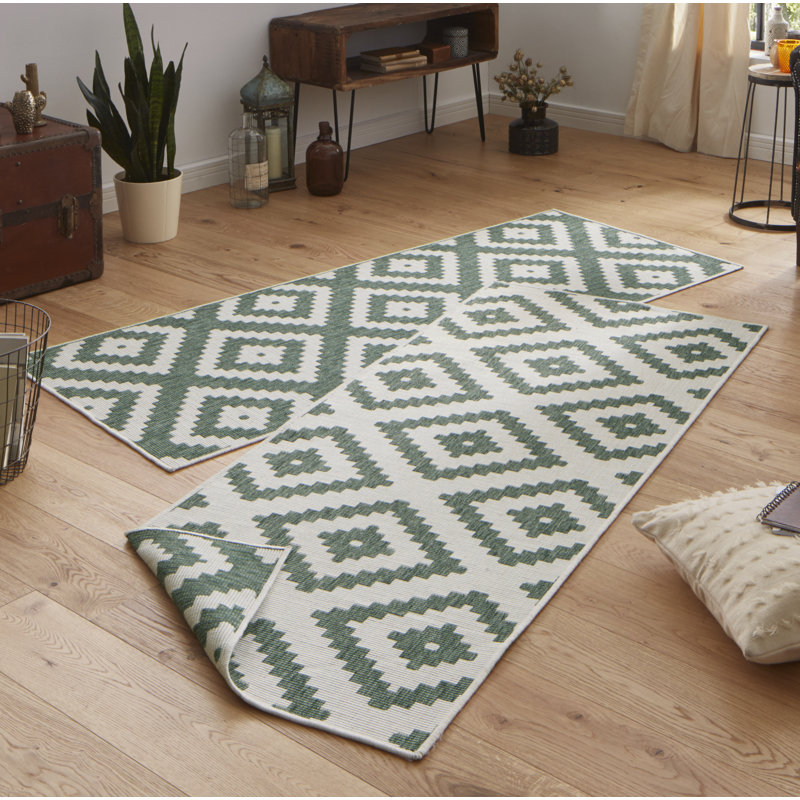 Malta flat-weave rug in green/cream, Runner 80 x 350 cm