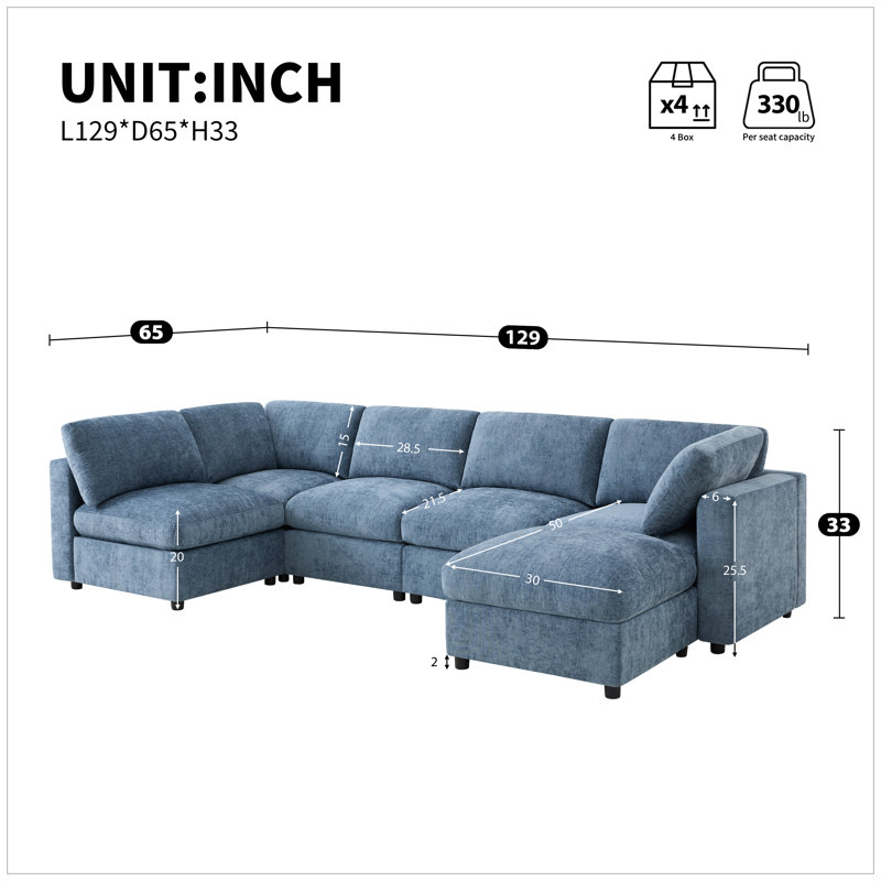 Ensemble de canapé modulaire en chenille 6 places avec repose-pieds, Chenille bleu