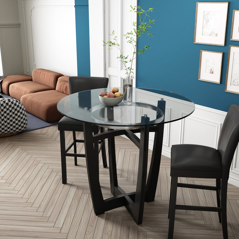 Round Glass Top Solid Wood Base Dining Table