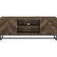 Console de télévision en chêne rustique avec portes à chevrons, rangement réglable et base industrielle en métal, finition, tablettes de rangement