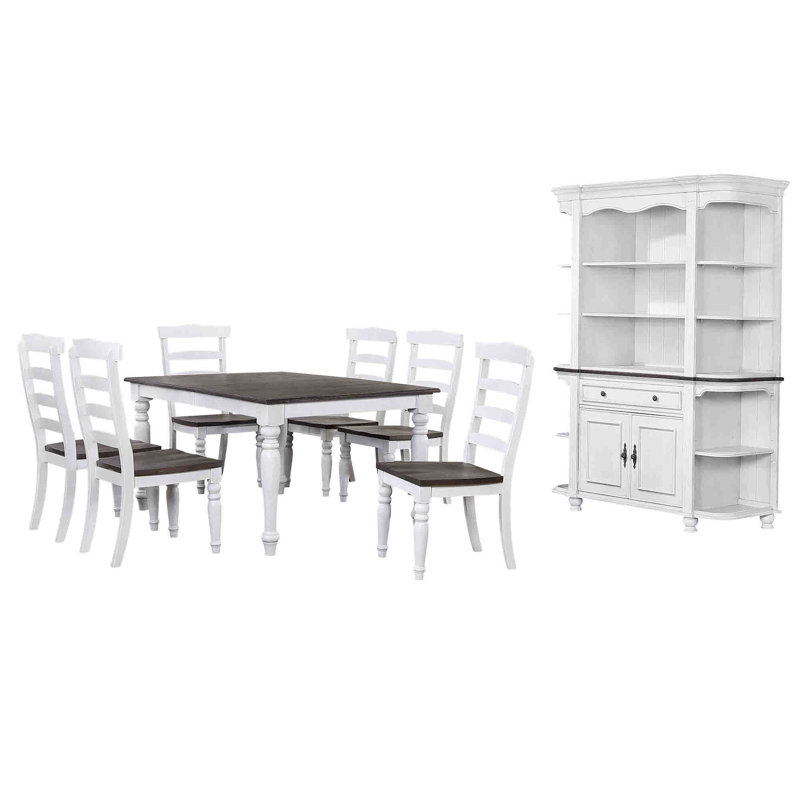 Sunset Trading French Chic 60"-78"-96" Wide Extendable Dining Table | Ladderback Chairs | China Cabinet With Storage, Drawer, Open Shelves | 3 Size Rectangular Expanding Space-Saving Kitchen Furniture