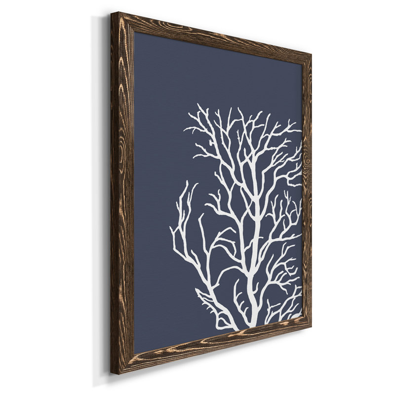 Coraux blancs sur toile indigo bleue C de qualité supérieure - prêts à être accrochés, Encadré de bois de noyer