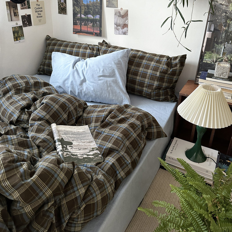 Vintage 3-Piece Washed Cotton Duvet Cover Set With Pillow Shams, King Duvet Cover + 2 King Shams, Blue/Brown Plaid