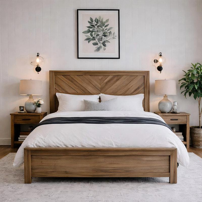 Base de lit plateforme en bois à chevrons avec tête de lit texturée et finition naturelle chaleureuse, Très grand lit