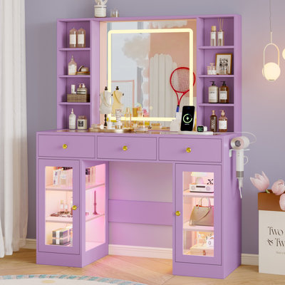 Vanity Desk with RGB Lights, Top, Lighted Mirror and Built-in Hair Dryer Rack, All-in-One Makeup Table with Drawers and Shelves