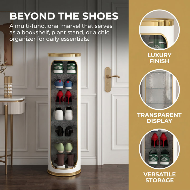 7-Tier 360° Rotating Shoe Cabinet – Slim White & Gold Storage Rack with Adjustable Shelves for Entryway, Small Spaces