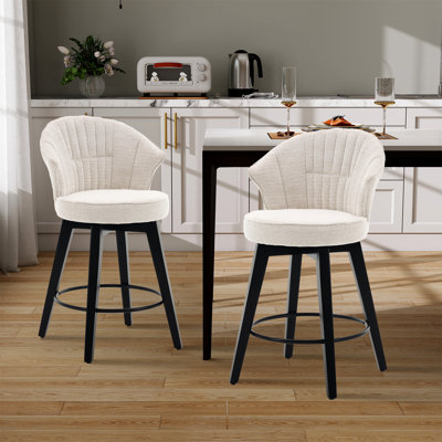 Upholstered Channel Tufted Wing-Back Swivel Counter Stool With Solid Wood Legs(Set Of 2)