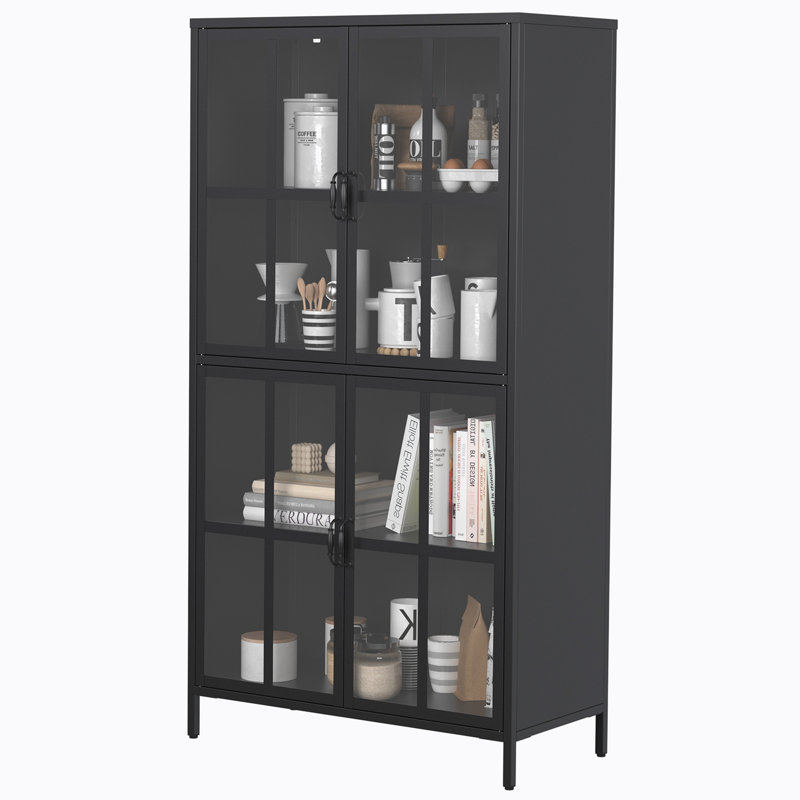 Premium Black Metal Storage Cabinet with Tempered Glass Doors, Adjustable Shelves