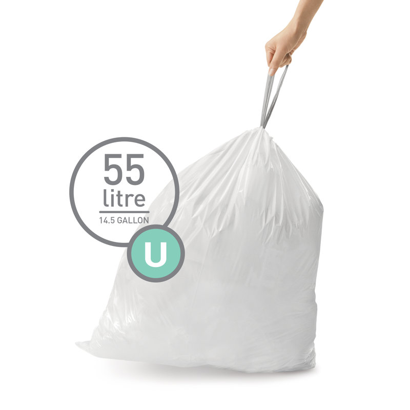 Simplehuman Code U Custom Fit Drawstring Trash Bags, 55 Liter / 14.5 Gallon, White, 60 Liners