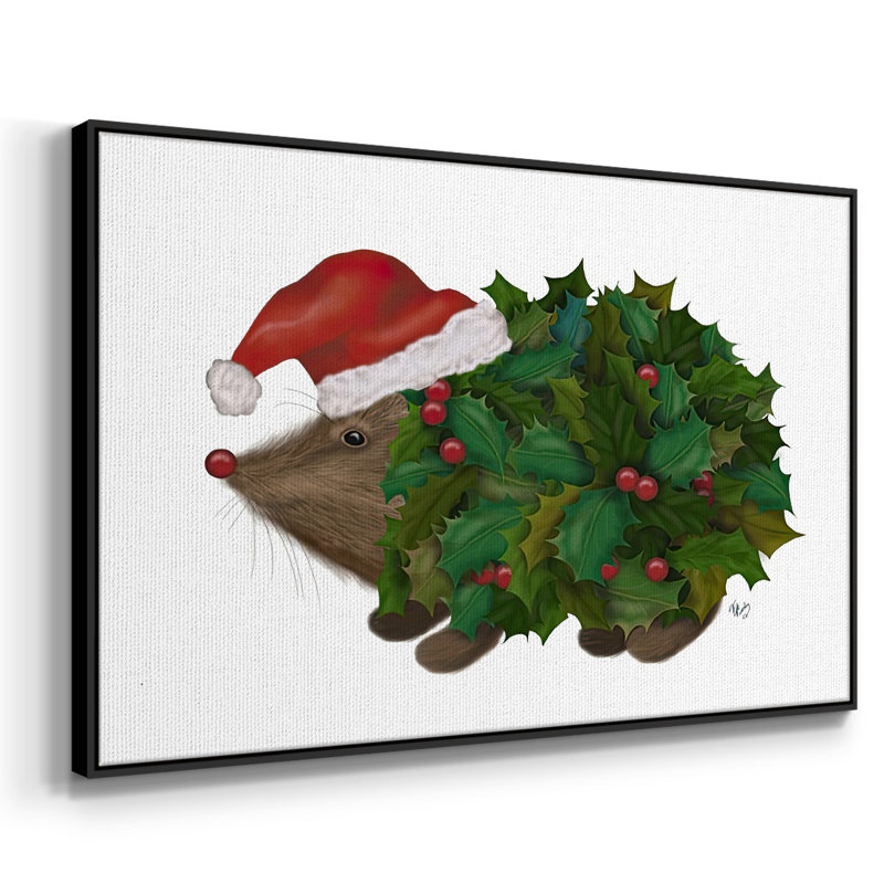 Hérisson de Noël encadré sur toile, Cadre noir, H 17 po x l 25 po x P 1,5 po