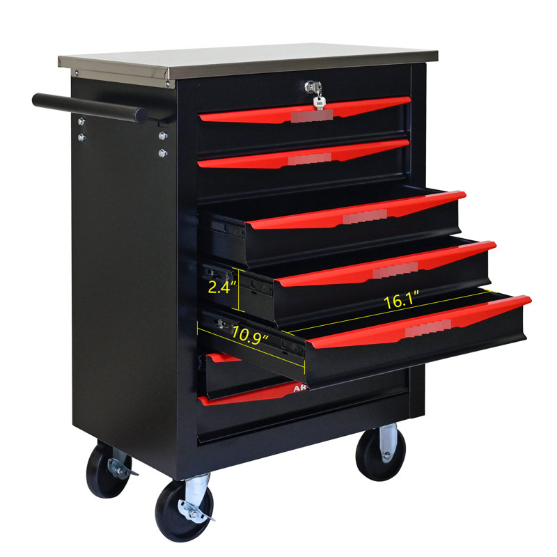 Chariot à outils en métal pour le garage avec 7 tiroirs et mouvement fluide - aspect roulant noir et rouge attrayant