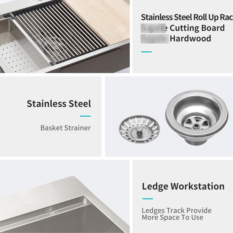 18 Gauge Workstation Kitchen Sink With Ledge For Expanded Space - 30" Drop In Extra Stainless Steel