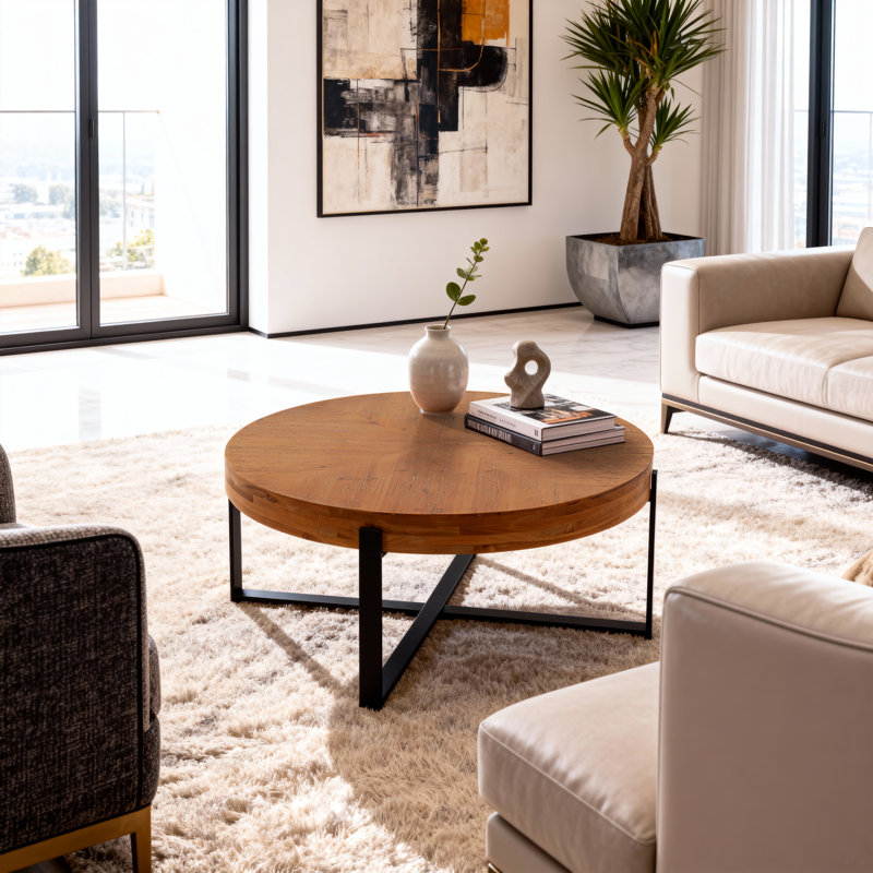 Modern Retro Splicing Round Coffee Table,Fir Wood Table Top With Gold Cross Legs Base, 17.72" H x 33.86" L x 33.86" W, Black