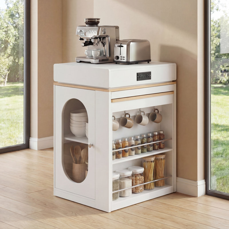 Extendable Folding Dining Table & Kitchen Island with Power Outlet, Drawers, Hooks and Wheels, Creamy White + Natural