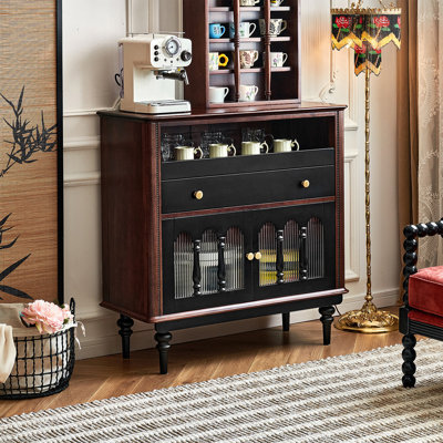 Buffet de 38,58 po, armoire à thé en bois massif avec portes en verre cannelé à double arche, rangement multicouche et vitrine