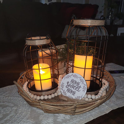 2‑Pack Rustic Farmhouse Decorative Candle Lanterns with Wood Bead Accents, Tabletop, Porch & Fireplace Home Decor