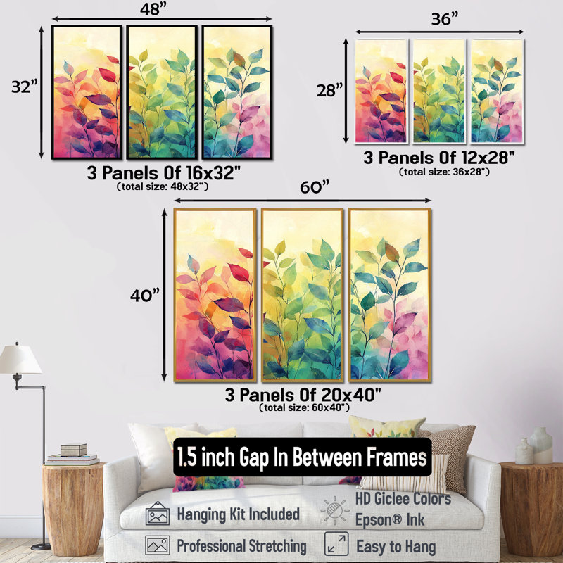 Neon Plants Pop Art - Art mural sur toile Herbs - 3 panneaux, Noir, Impression encadrée sans passe-partout, H 28 po x l 36 po