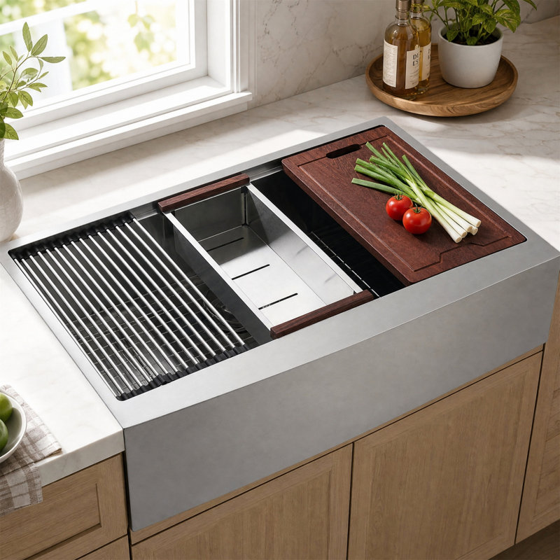 Évier de cuisine à tablier frontal 36 po, poste de travail en acier inoxydable 304, bol simple, finition brossée