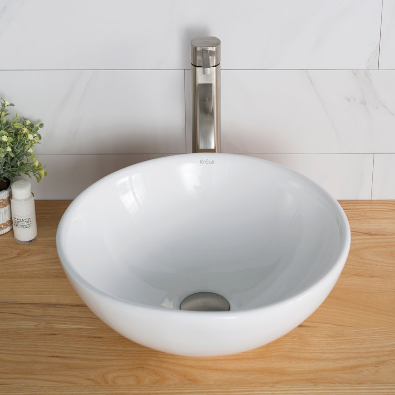 Ceramic Circular Vessel Bathroom Sink with Faucet, Satin Nickel