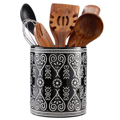 Extra Large Kitchen Utensil Holder For Countertop, Heavy Ceramic Crock, (Black)