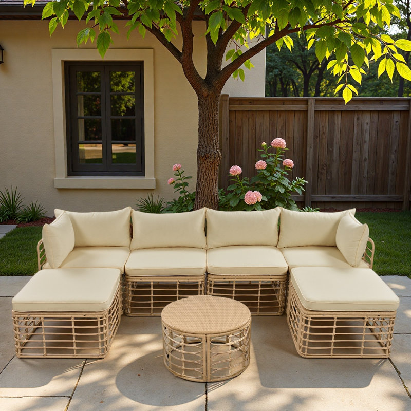 7 Pieces Outdoor Patio Rattan Sectional Sofa Set With Thick Cushions, Pillows, Hollow Woven Design And Adjustable Feet, Brown