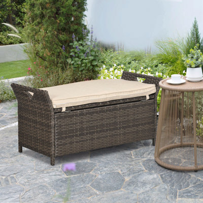 Banc de rangement en osier de patio 27 gallons, mobilier d'extérieur en rotin PE, boîte de rangement rectangulaire grande capacité 2-en-1 avec poignées et coussin, blanc crème