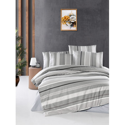 Ensemble de housse de couette simple de haute qualité 100% coton Ranforce, housse de couette 63 x 87, drap plat 63 x 95, taie d'oreiller 20 x 28 | 145 fils, fermeture à boutons | Lavable à la machine, élégant design gris et blanc