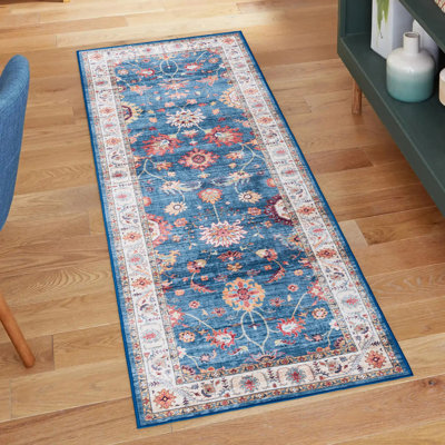 Samira Cullen Machine Washable Floral Border Navy Blue Beige Multi Indoor Area Rug, Transitional Flat Pile for Living Room & Bedroom - Blue/Tan