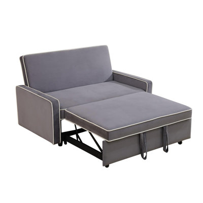 Light Gray Fluffy Fabric Convertible Sofa Bed, Adjustable Backrest Loveseat Sleeper Sofa, Iron Frame Multi-Functional Pull Out Couch for Living Room Apartment Guest Room