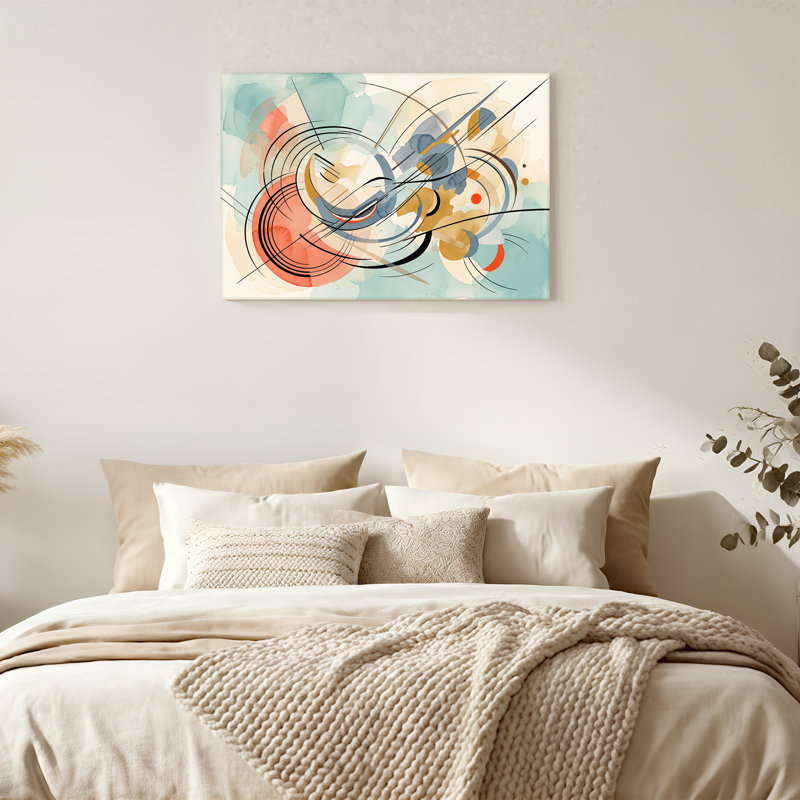Art abstrait sur toile, formes abstraites bleu sarcelle et orange, H 36 po x l 48 po