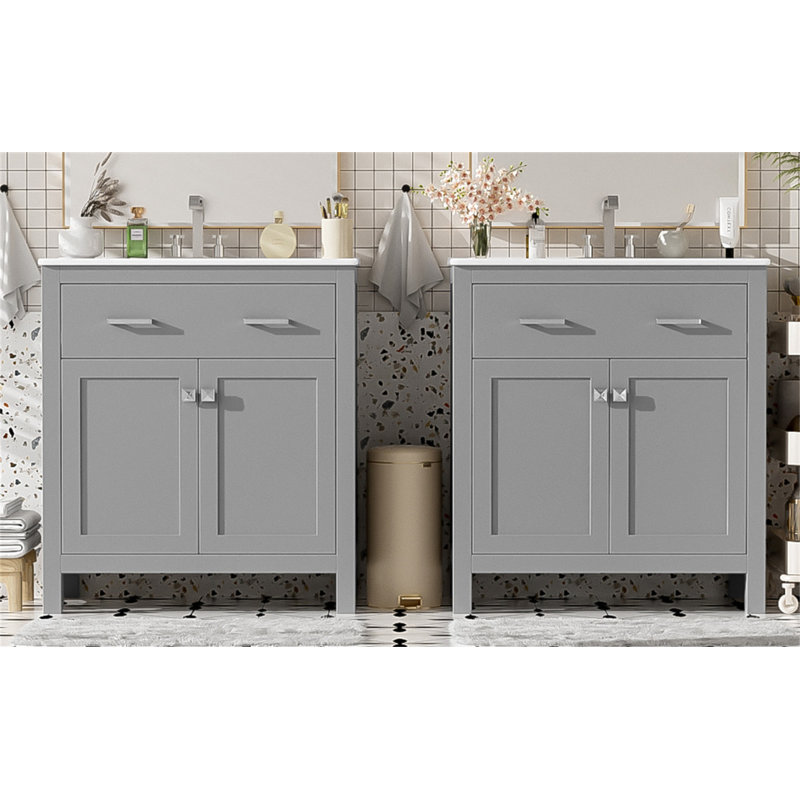 Modern Bathroom Vanity Set With Double Vanities, Ceramic Sinks, Adjustable Shelf, Soft Close Doors, And Flip Drawer, Gray