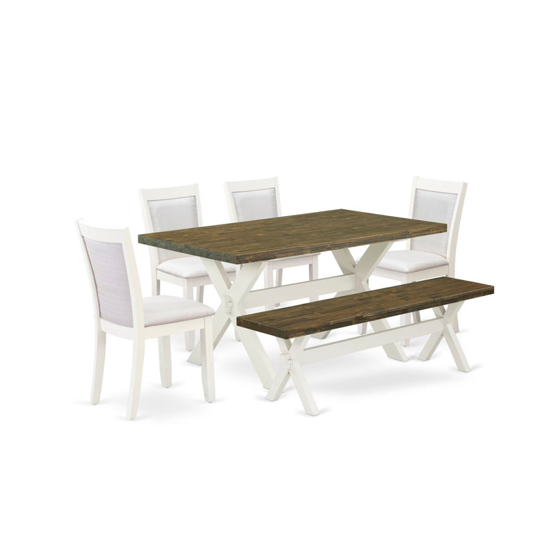 Ensemble de table de salle à manger 6 pièces comprenant une table de salle à manger rectangulaire avec pieds en X et 4 chaises Parson en tissu crème avec banc, lin brossé blanc