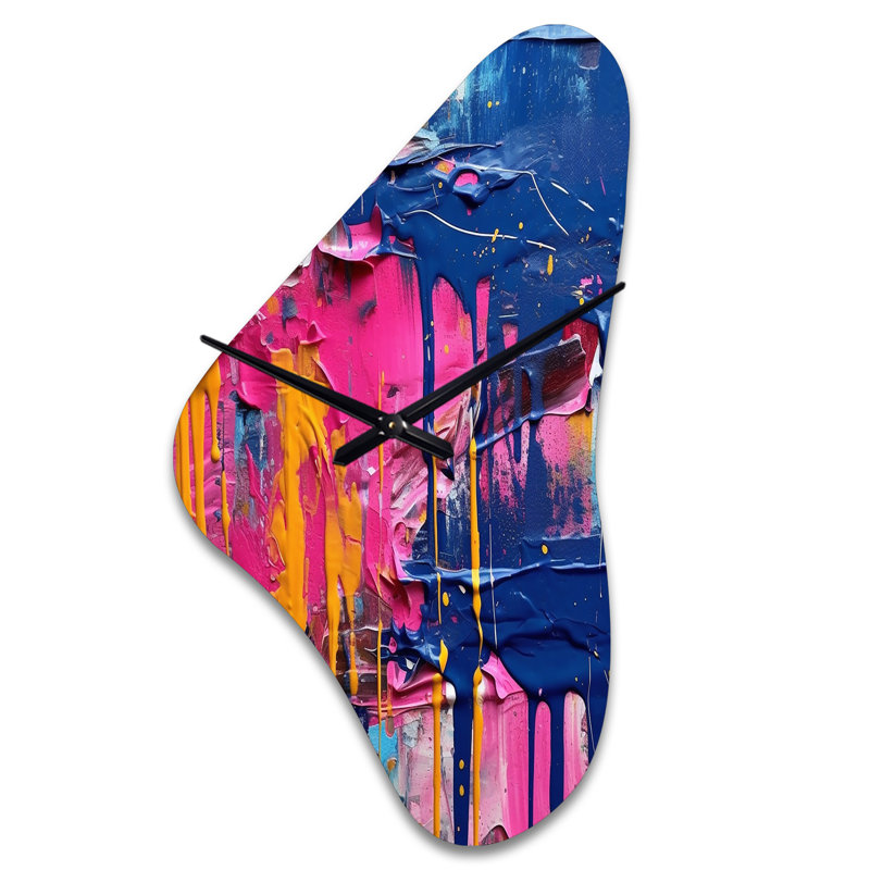 Rose et bleu Explosions de couleur - horloge abstraite en métal de forme unique, horloge murale asymétrique moderne, Grand